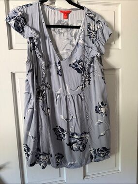 Joe Fresh Light Blue Floral V-Neck Ruffle Top